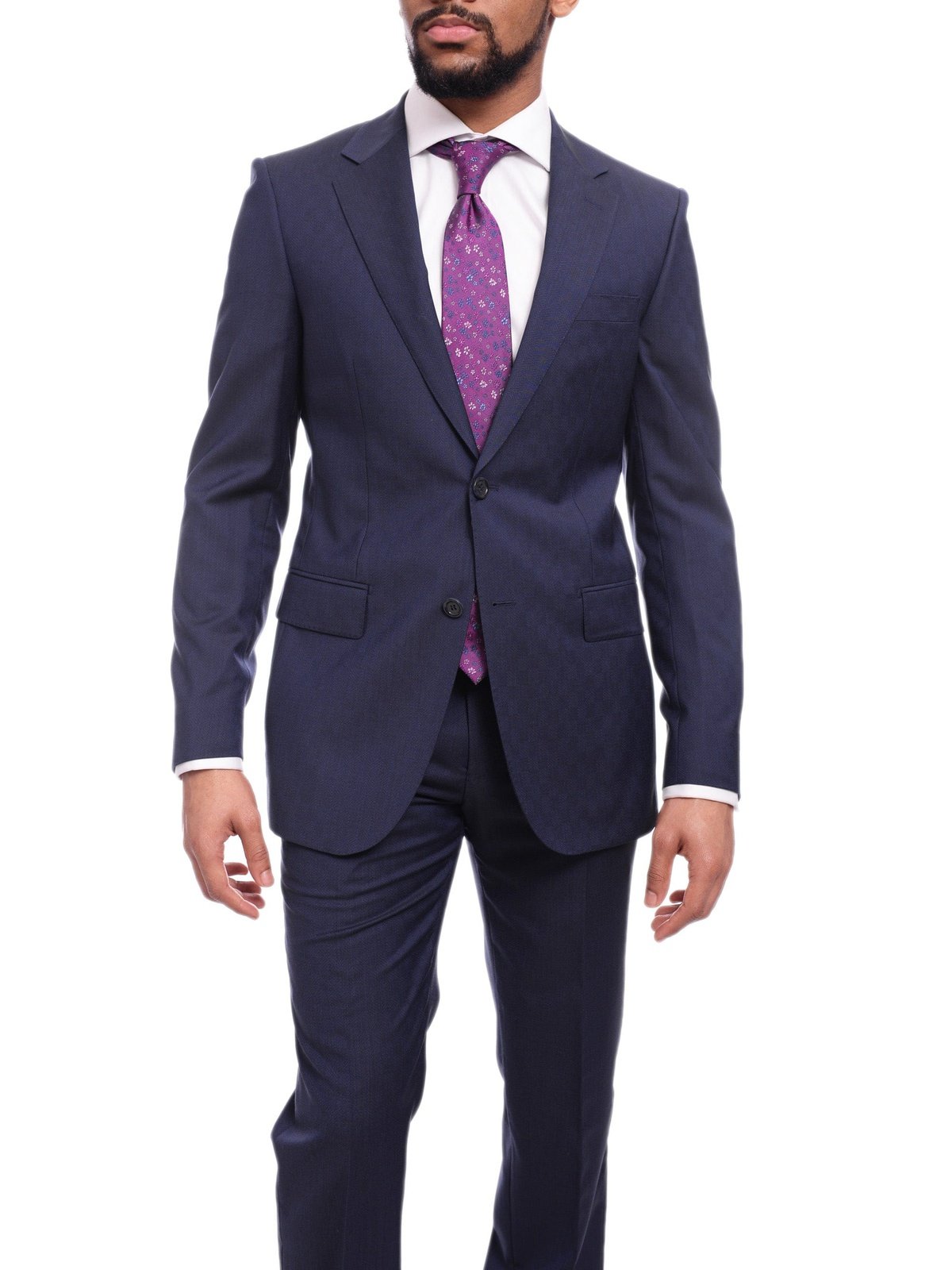 Napoli TWO PIECE SUITS Napoli Slim Fit Textured Navy Blue Two Button Half Canvassed Marzotto Wool Suit