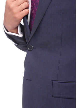 Napoli TWO PIECE SUITS Napoli Slim Fit Textured Navy Blue Two Button Half Canvassed Marzotto Wool Suit