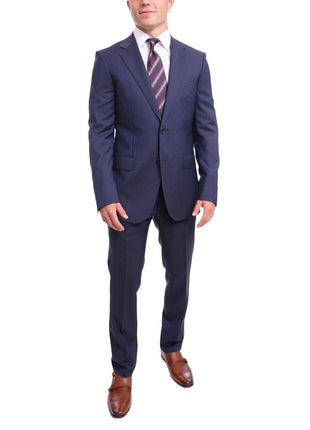 Napoli TWO PIECE SUITS Napoli Slim Fit Textured Navy Blue Two Button Half Canvassed Marzotto Wool Suit