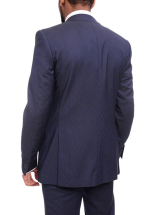 Napoli TWO PIECE SUITS Napoli Slim Fit Textured Navy Blue Two Button Half Canvassed Marzotto Wool Suit