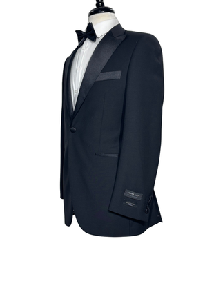 Galvani Collezione Mens Solid Black Satin Peak Lapel Classic Fit 1-Button Wool Tuxedo - 36R