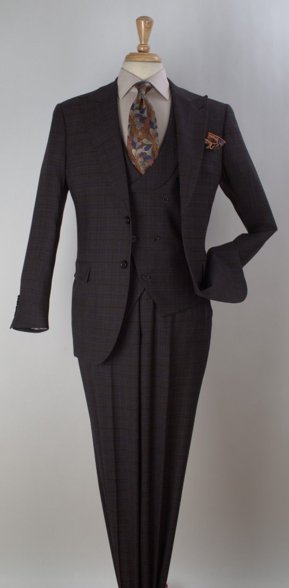 Apollo King Mens Brown Plaid Regular Fit 100% Wool 3 Piece Suit With Peak Lapels