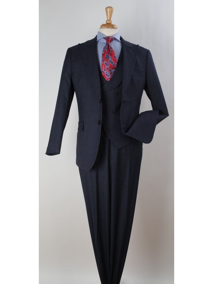 Apollo King Mens Blue Check Regular Fit 100% Wool 3 Piece Suit With Peak Lapels