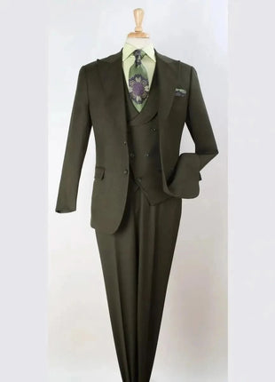 Apollo King Mens Olive Green Regular Fit 100% Wool 3 Piece Suit With Peak Lapels