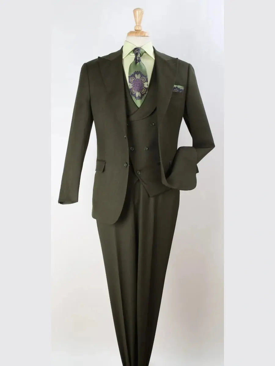 Apollo King Mens Olive Green Regular Fit 100% Wool 3 Piece Suit With Peak Lapels