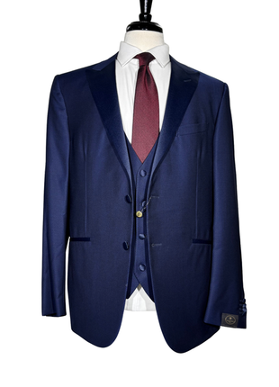 Corneliani Mens Blue Geometric Texture Fully-Canvassed Peak Lapel Slim Fit 3-Piece Wool Tuxedo - 44R