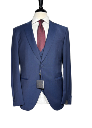 Corneliani Mens Blue Micro-Pattern Fully-Canvassed Peak Lapel Classic Fit 3-Piece Stretch Wool Suit - 40R - The Suit Depot