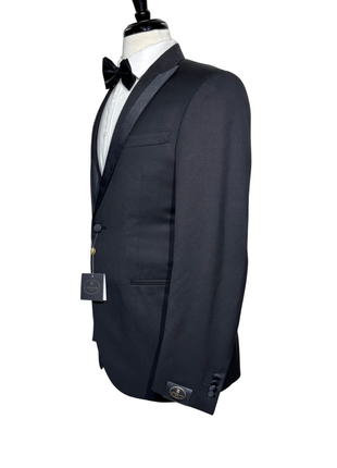Corneliani Mens Solid Black Fully-Canvassed Satin Split Peak Lapel Slim Fit 3-Piece Wool Tuxedo - 42R