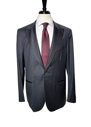 Isaia Mens Solid Dark Charcoal Fully-Canvassed Peak Lapel Classic Fit 1-Button Wool Tuxedo - 44R