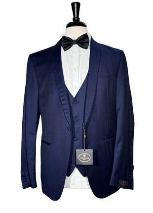 Corneliani Mens Solid Navy Fully-Canvassed Shawl Lapels Slim Fit 3-Piece Wool Tuxedo - 42R