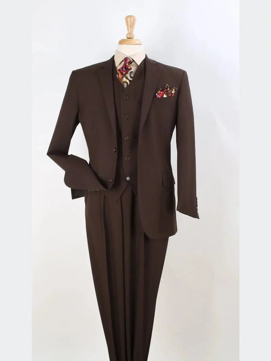 Apollo King Mens Solid Brown Classic Fit 3 Piece 100% Wool Suit
