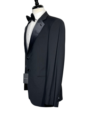 Giorgio Armani Mens Solid Black Fully-Canvassed Satin Notch Lapel Slim Fit 2-Button Wool Tuxedo - 40L