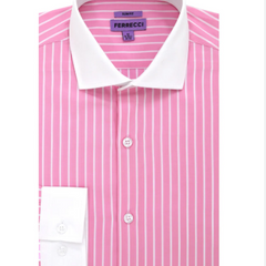 Ferrecci Pink Striped Slim Fit Cutaway Collar Cotton Dress Shirt - The Suit Depot