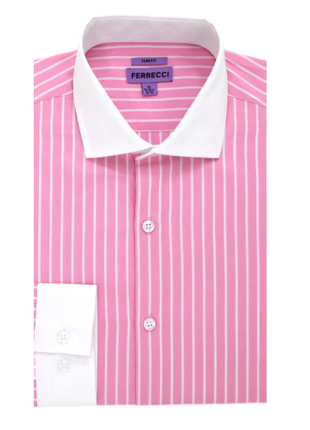 Ferrecci Pink Striped Slim Fit Cutaway Collar Cotton Dress Shirt - The Suit Depot