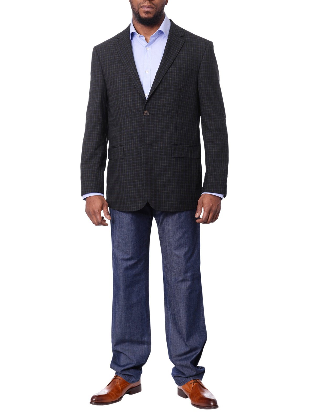 Prontomoda BLAZERS Prontomoda Mens Black&amp; Blue Plaid 100% Wool Regular Fit Blazer Sport Coat