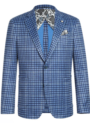 Pelago Blue Check Slim Fit Notch Lapel 2-Button Half Canvassed Blazer With Patch Pockets
