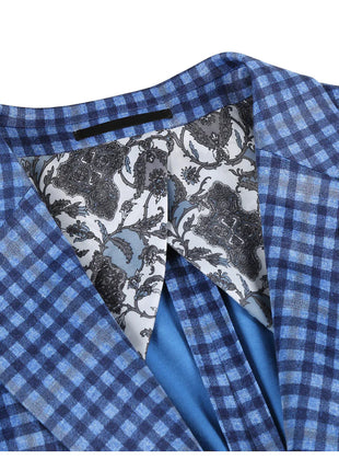 Pelago Blue Check Slim Fit Notch Lapel 2-Button Half Canvassed Blazer With Patch Pockets
