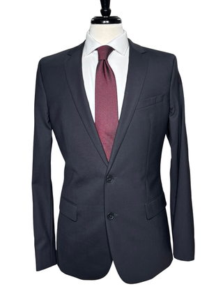 Hugo Boss Mens Solid Black Notch Lapels Slim Fit Stretch 2 Button Wool Suit - 40L