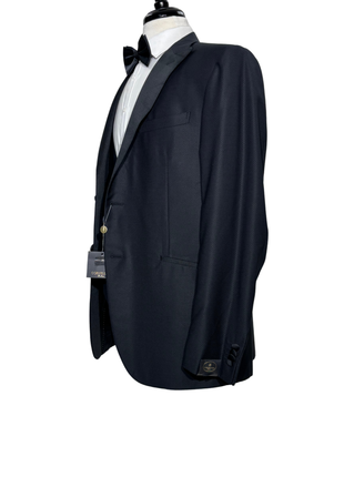 Corneliani Mens Black Textured Fully-Canvassed Peak Lapel Slim Fit 3-Piece Wool Tuxedo - 44R