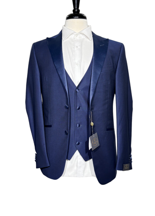 Corneliani Mens Blue Micro-Pattern Fully-Canvassed Peak Lapel Slim Fit 3-Piece Wool Tuxedo Suit - 38S - The Suit Depot