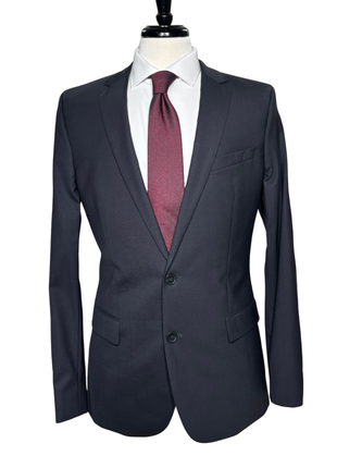 Hugo Boss Mens Solid Black Notch Lapels Slim Fit Stretch 2 Button Wool Suit - 40L