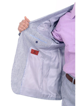 Raphael TWO PIECE SUITS Raphael Classic Fit Blue Pinstriped Two Button Linen Suit