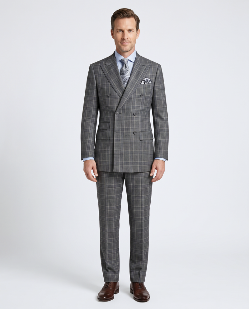 Apollo King Mens Gray Plaid Classic Fit 100% Wool Double Breasted