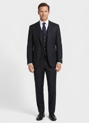 Canali Solid Black 3-piece 1-button 100% Wool Suit 42R