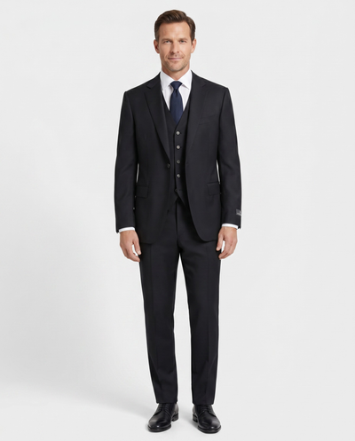Canali Solid Black 3-piece 1-button 100% Wool Suit 42R