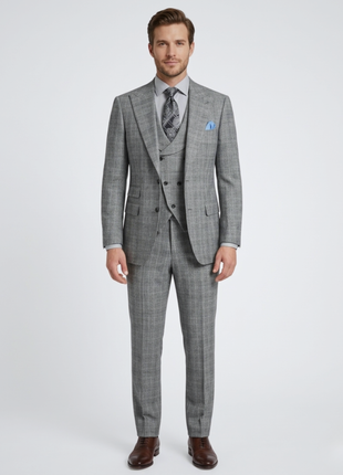 Apollo King Mens Classic Fit Gray Plaid 3 Piece 100% Wool Suit With Peak Lapels