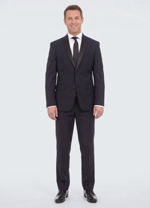 Braveman Slim Fit Solid Navy Blue Two Button Tuxedo Suit With Black Satin Lapel