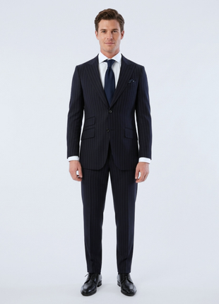 Sartoria Mazara Mens Slim Fit Navy Blue & Gray Pinstriped 100% Wool Suit With Peak Lapels