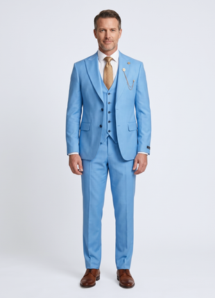 Romaster Mens Solid Light Blue Wool Blend 3 Piece Slim Fit Suit With Peak Lapels