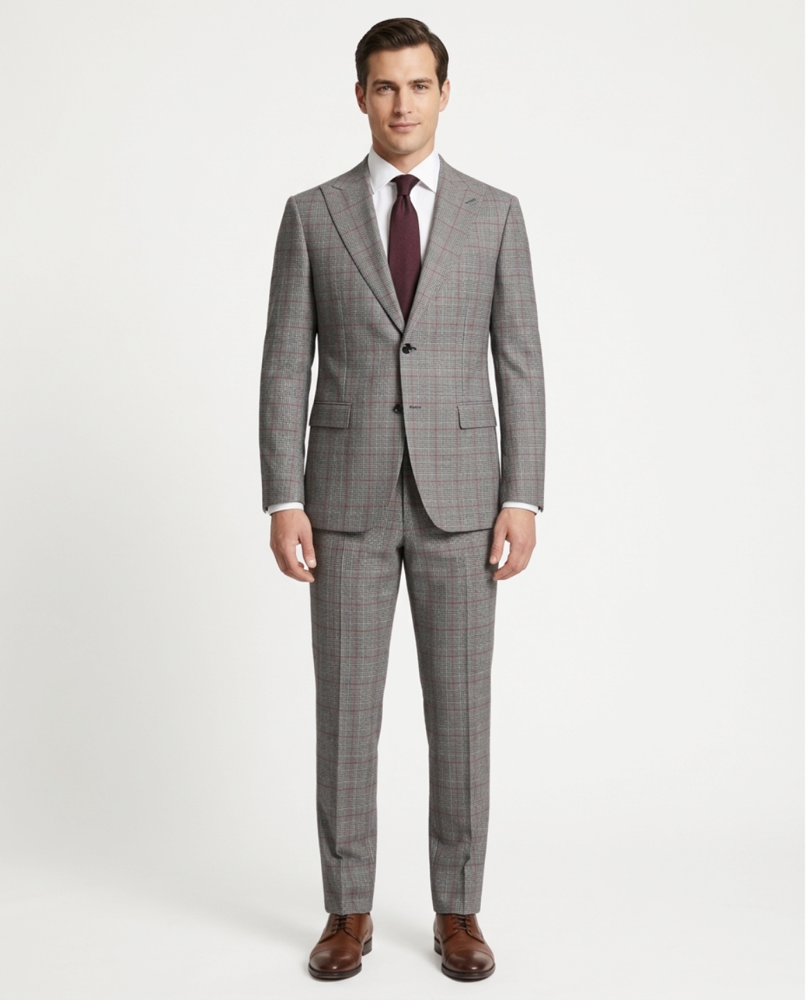 Canuti Men’s Grey Glen Plaid Red Windowpane Wool Suit with Peak Lapels, 50 / Long