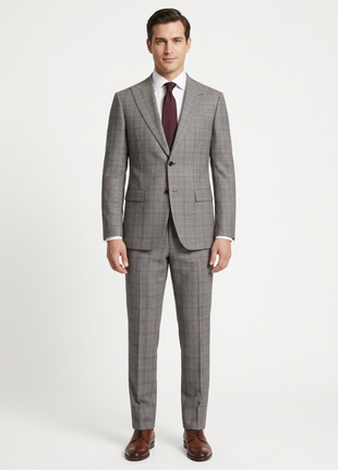 Canuti Men’s Grey Glen Plaid Red Windowpane Wool Suit with Peak Lapels
