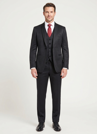 Corneliani Mens Black Textured Fully-Canvassed Shawl Lapel Classic Fit 3-Piece Tuxedo Suit - 36S