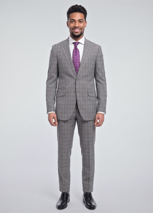 Napoli Mens 42L Gray Windowpane Check Slim Fit 2 Piece Suit