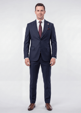 Romaster Mens Navy Pinstriped Slim Fit Peak Lapels Stretch Wool Suit