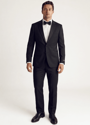 Ermenegildo Zegna Solid Black Satin Notch Lapel Slim Fit 1-Button Wool Tuxedo - 44L