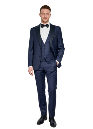 Corneliani CC Collection Navy Blue Micro-Textured Peak Lapel Slim Fit 3-Piece Wool Silk Tuxedo - 40R