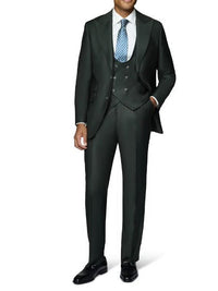 Thumbnail for Beragamo Elegant Men's Solid Olive 100% Wool Classic Fit Vested Suit