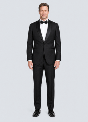 Mazara Mens Solid Black Shawl Lapel Slim Fit Wool One-Button Formal Tuxedo Suit