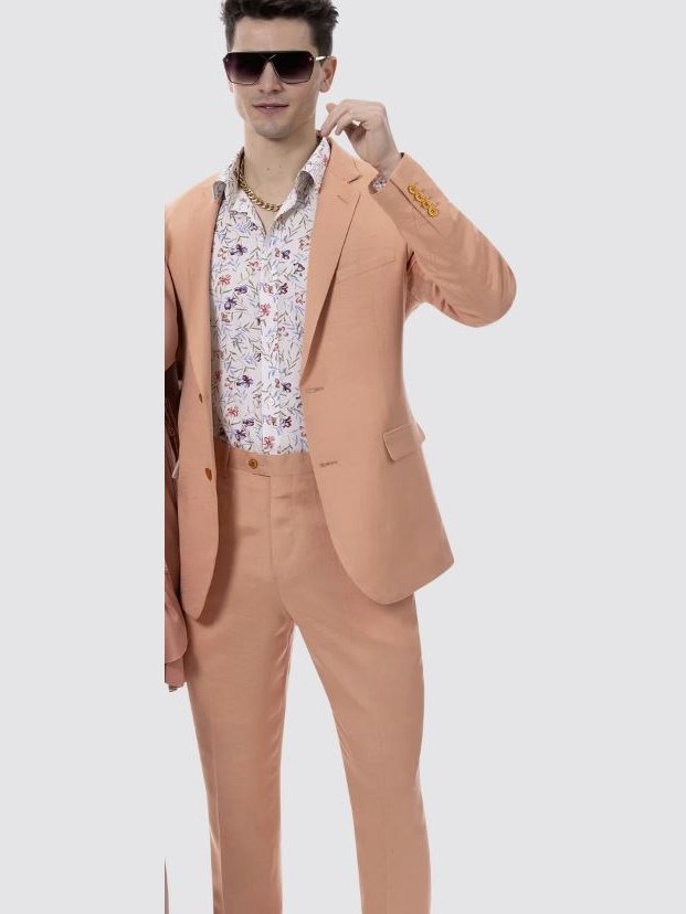 Kent &amp; Park Mens Solid Salmon Orange Classic Fit Linen Blend 2 Piece Suit
