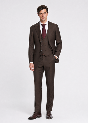 Tovaglia Mens Solid Dark Brown Slim Fit Peak Lapel Wool 3 Piece Suit