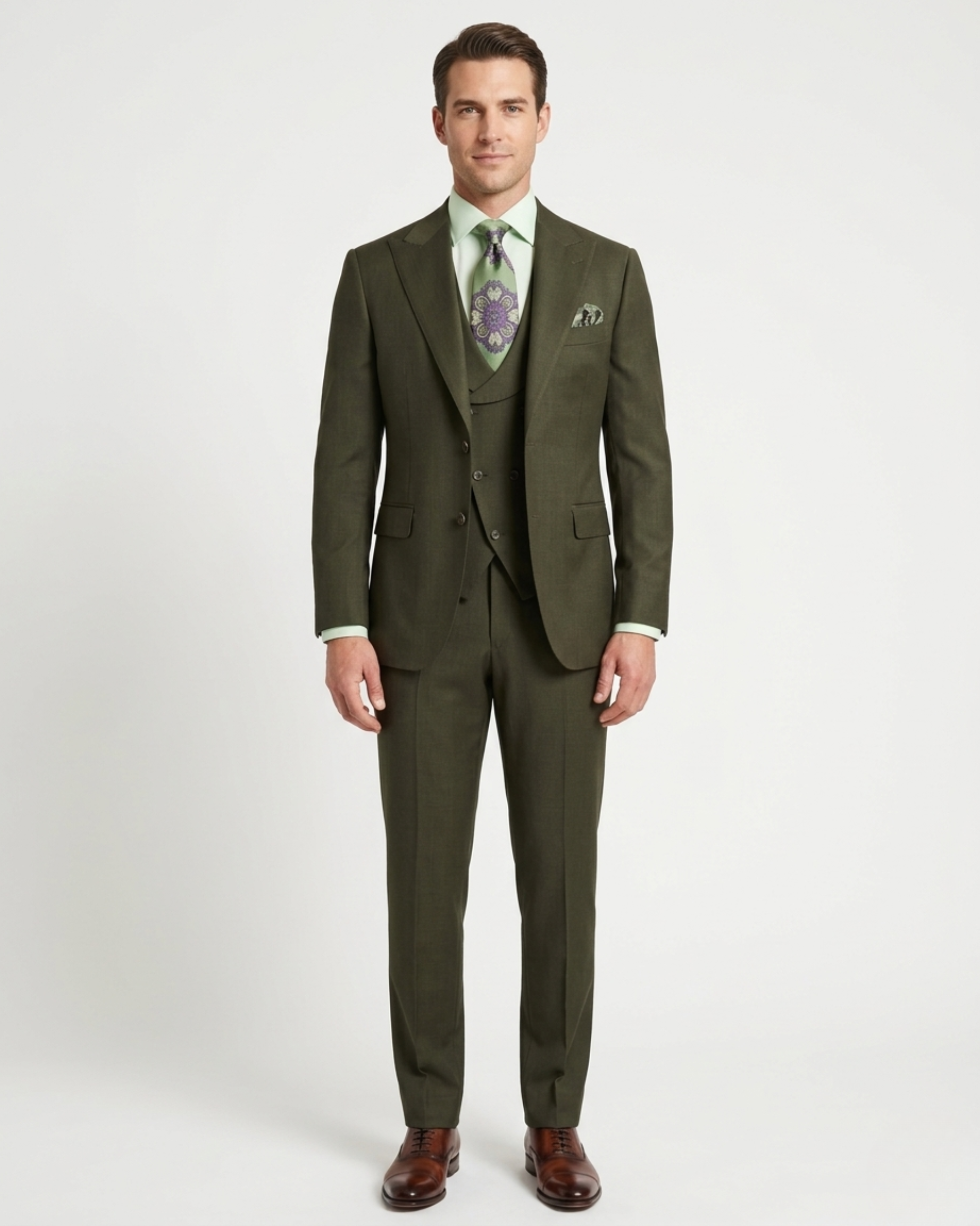 Apollo King Mens Olive Green Regular Fit 100% Wool 3 Piece Suit With P The Suit Depot Apollo King Mens Olive Green Regular Fit 100% Wool 3 Piece Suit With P The Suit Depot