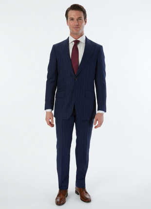 Sartoria Mazara Mens Slim Fit Blue Striped 100% Wool Suit With Peak Lapels