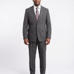 Steven Land Classic Fit Gray Textured Windowpane Two Button Wool Suit - The Suit Depot