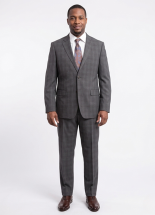 Steven Land Classic Fit Gray Textured Windowpane Two Button Wool Suit