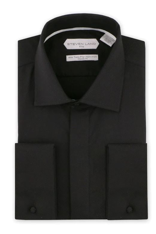 Steven Land Mens Black Spread Collar French Cuff 100% Cotton Dress Shirt