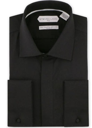 Steven Land Mens Solid Black Regular Fit Cotton French Cuff Dress Shirt - The Suit Depot